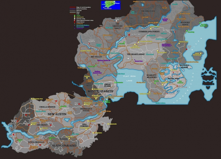 Карта игрового мира Red Dead Redemption 2, которая утекла в Сеть